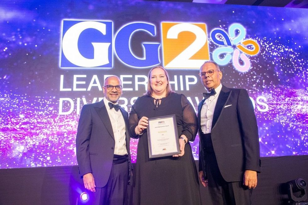 001 GG2 EDI Initiative Award Shailesh Solanki Natalie Richardson Inclusion and Wellbeing Director JTI and Kalpesh Solanki