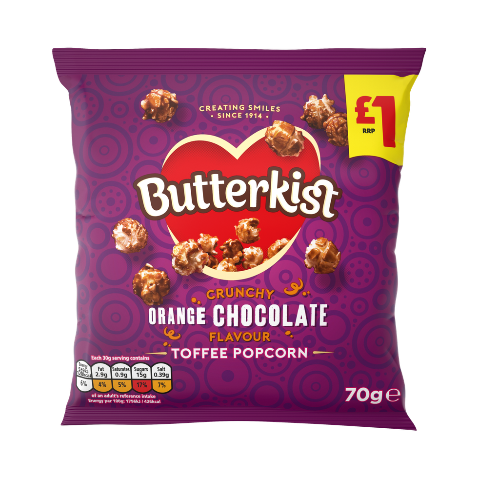 702718 Butterkist Orange Chocolate Flavour Toffee Popcorn 70g 1GBP PMP   S