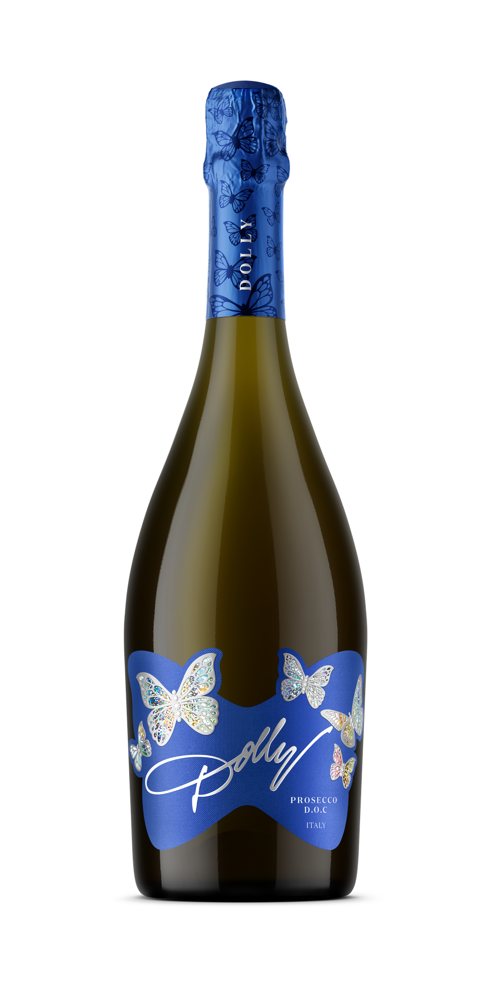 A bottle of Dolly Prosecco D.O.C. from Italy, featuring a blue label with butterfly designs and Dolly Parton\u2019s signature, launched by Dolly Parton and Accolade Wines in 2025, available at Booker and Nisa for \u00a311.