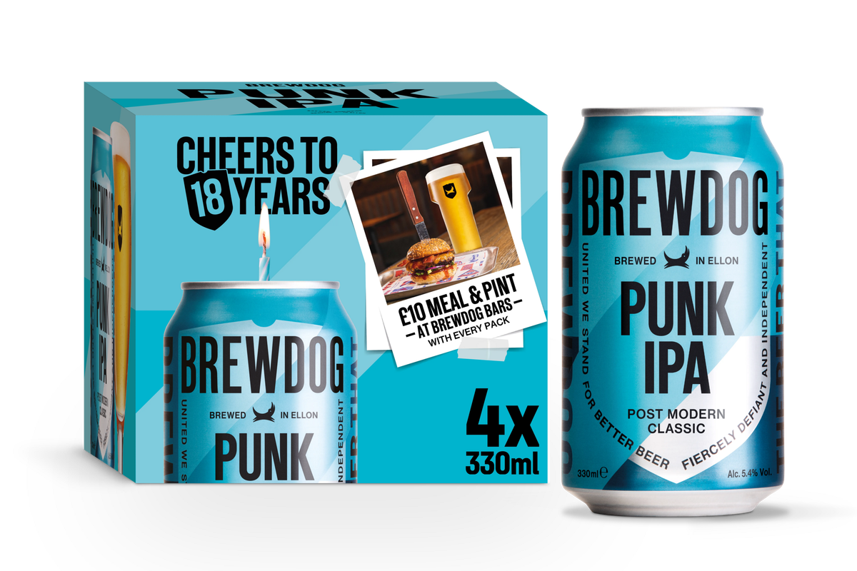 A BrewDog Punk IPA 4x330ml multipack, promoting the 2025 18th anniversary £10 meal and pint deal at BrewDog bars.