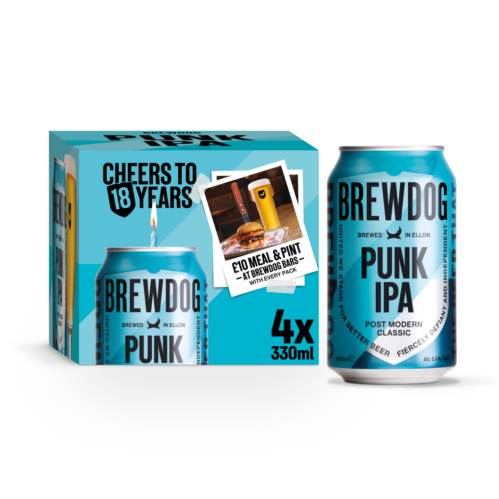 A BrewDog Punk IPA 4x330ml multipack, promoting the 2025 18th anniversary \u00a310 meal and pint deal at BrewDog bars.