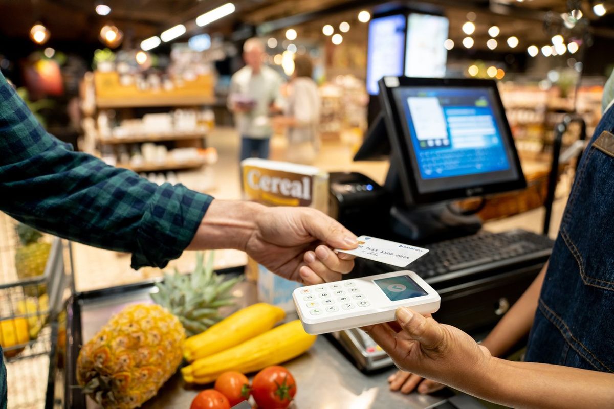 a customer making a contactless payment at the supermarket
