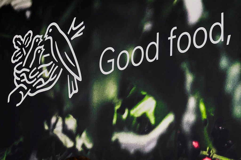 A sign of Nestle during a general shareholders meeting of the Swiss food giant in Ecublens, near Lausanne, on April 16, 2025.