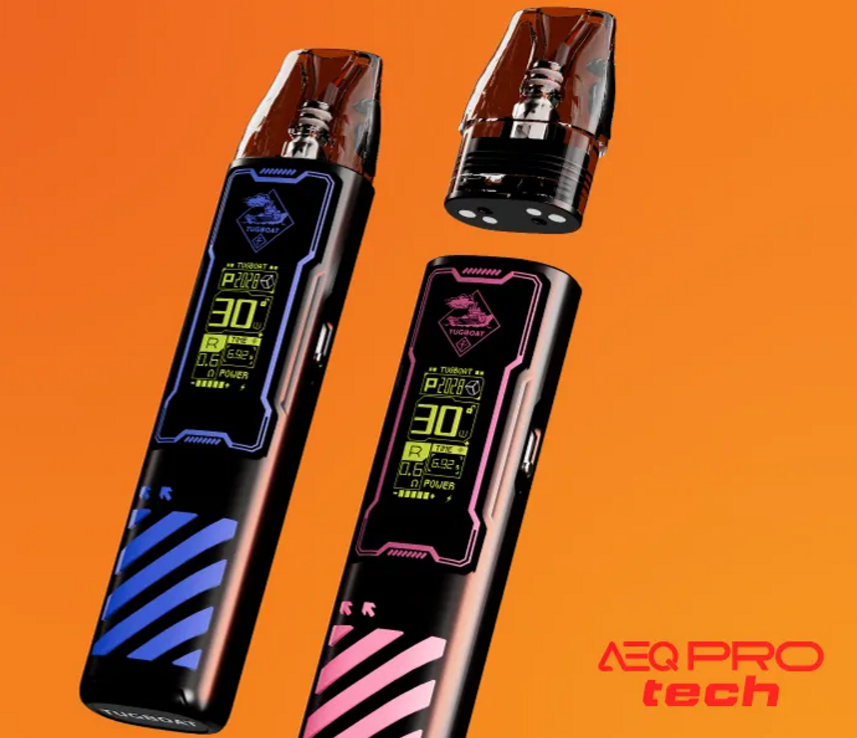 AEQ Pro Tech vape device in multiple colours with smart display