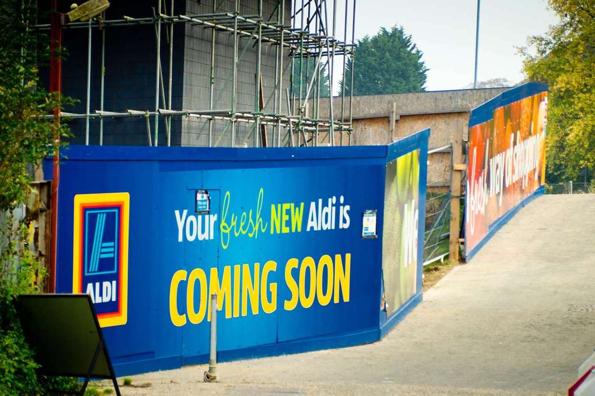 An Aldi store under construction on Edison Bell Way in Huntingdon, Cambridgeshire.