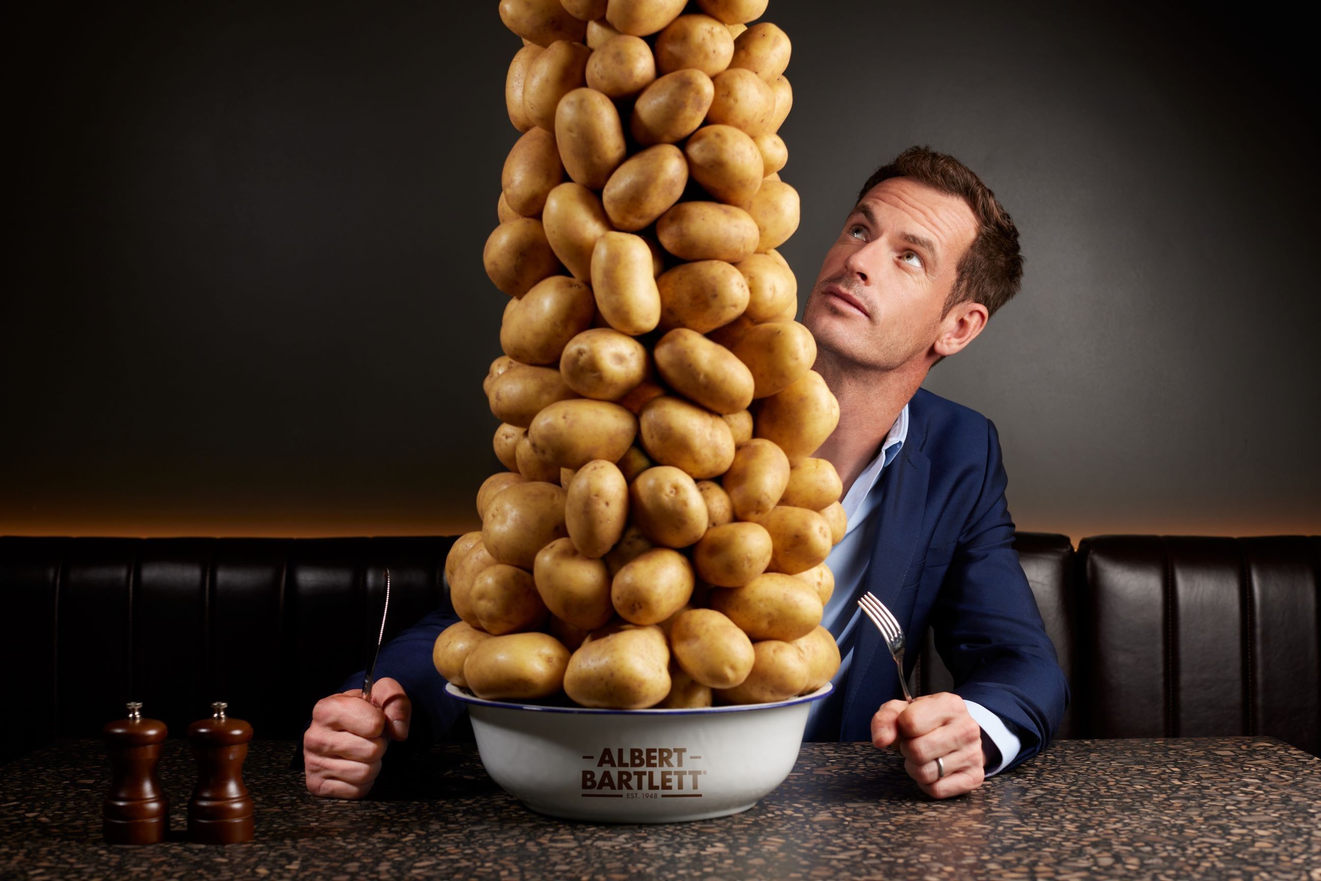 Andy Murray gazes at towering bowl of Albert Bartlett potatoes