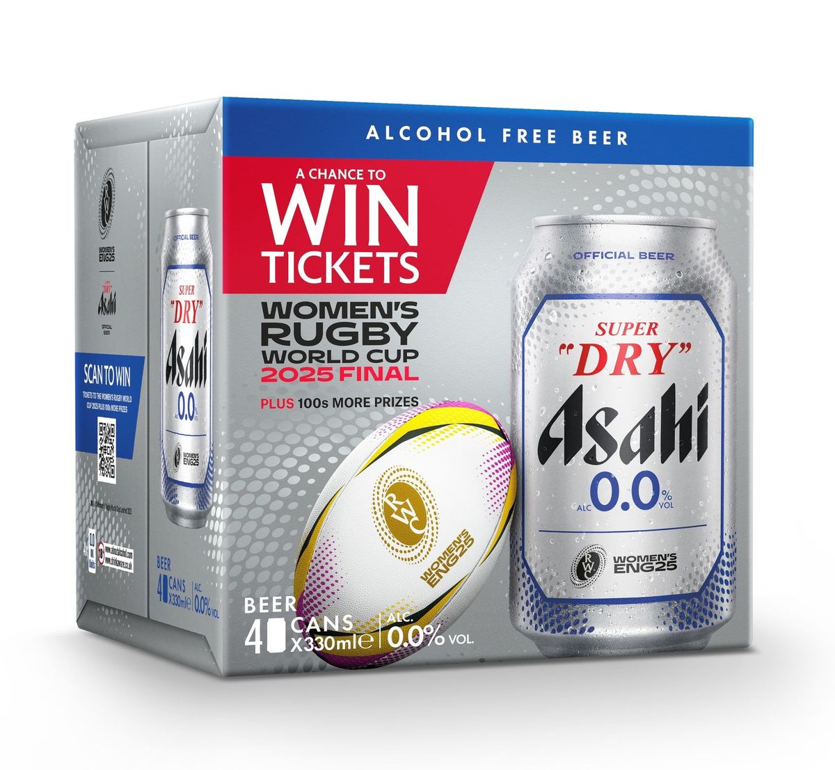Asahi Super Dry promotional display for Women’s Rugby World Cup 2025 with branded prizes and QR code game