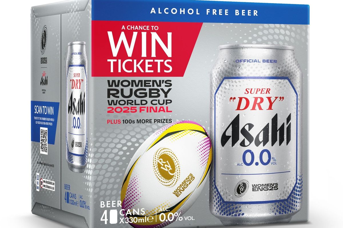 Asahi Super Dry promotional display for Women’s Rugby World Cup 2025 with branded prizes and QR code game