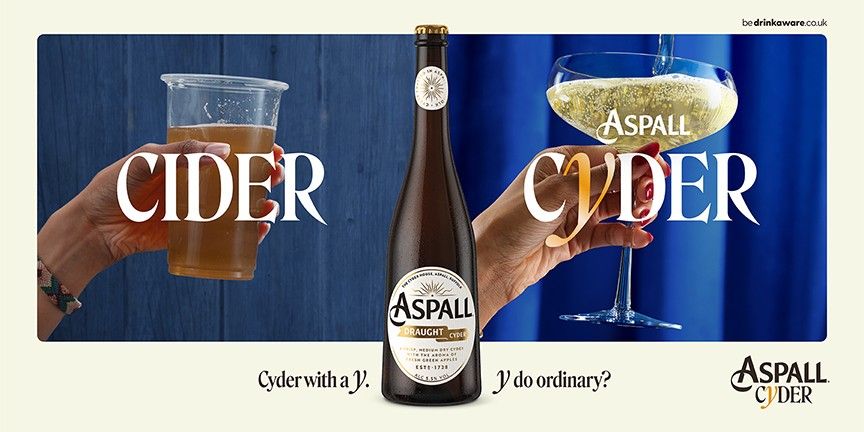 Aspall ‘Cyder with a Y’ ad contrasts plastic pint with elegant glass to elevate the brand.