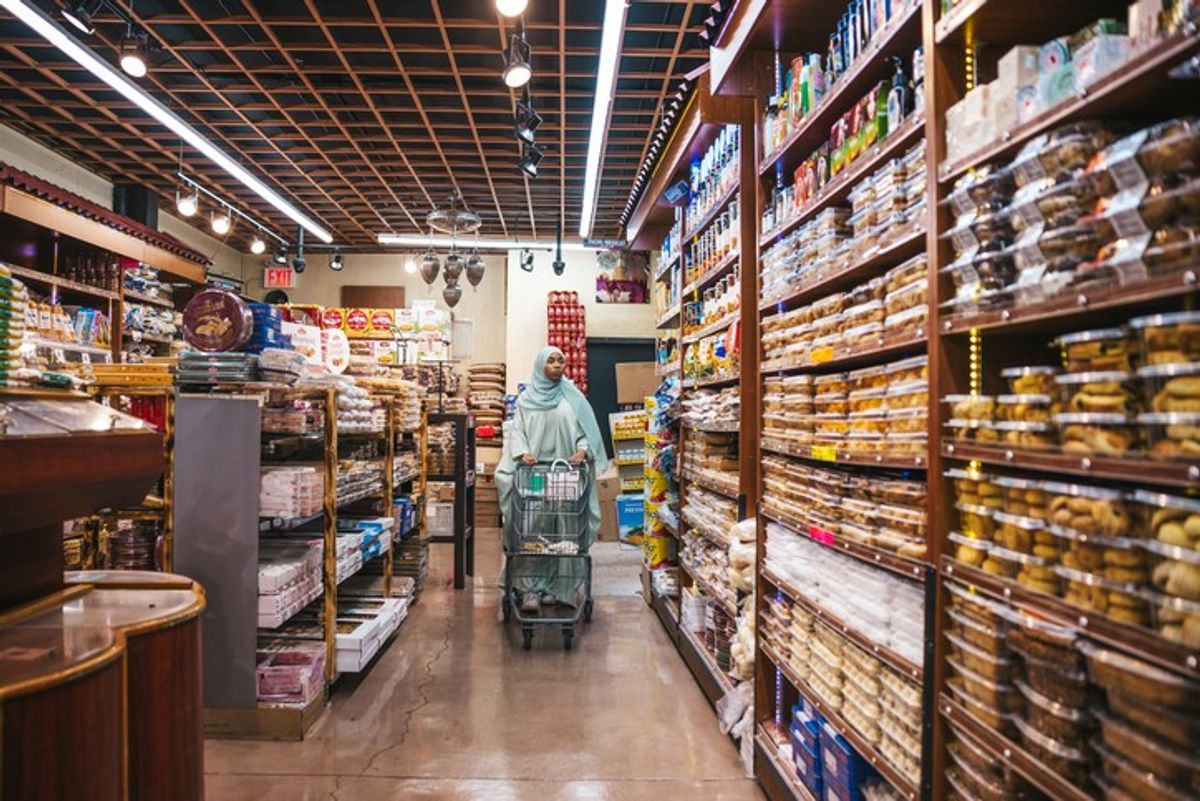 Assorted global food products on supermarket shelves