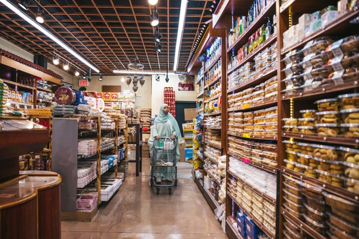 Assorted global food products on supermarket shelves