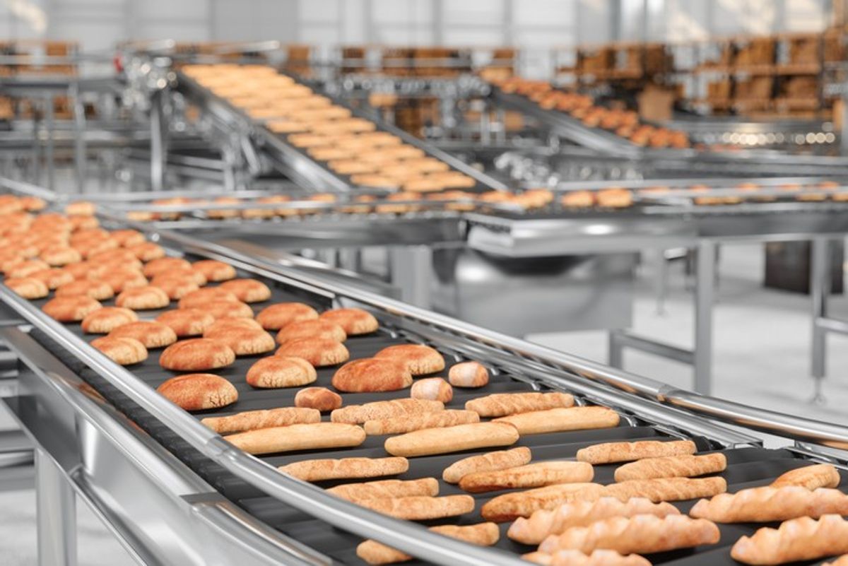 Automated bakery production line with various breads on conveyor belts, illustrating AI and robotics in UK food businesses for 2025 efficiency and cost management.