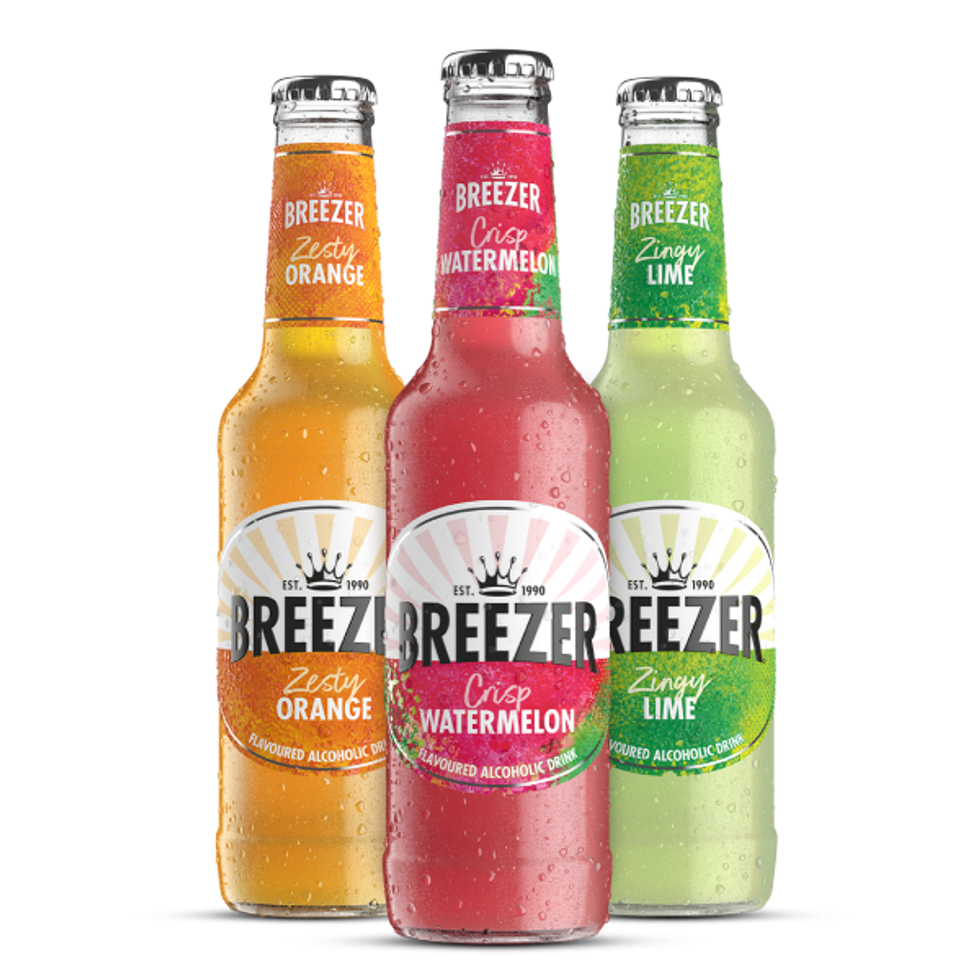 Bacardi Breezer bottles in orange, lime, and watermelon flavours