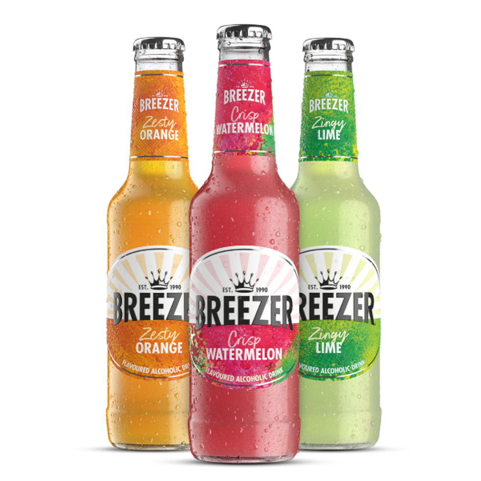 Bacardi Breezer bottles in orange, lime, and watermelon flavours