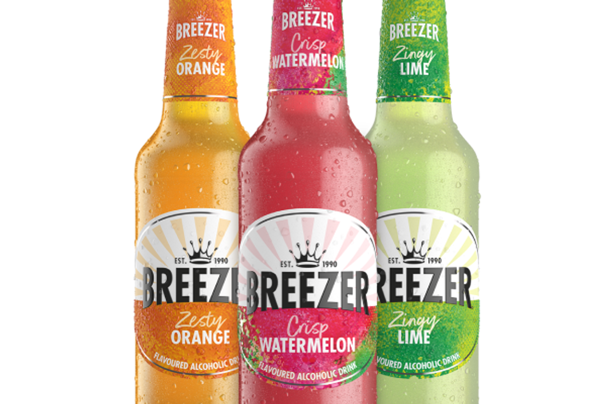 Bacardi Breezer bottles in orange, lime, and watermelon flavours