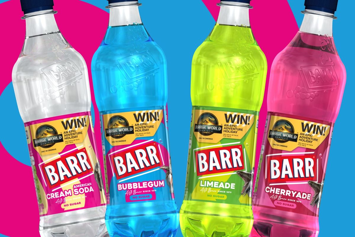 Barr Flavours soft drink bottles promoting Jurassic World Lisbon holiday offer