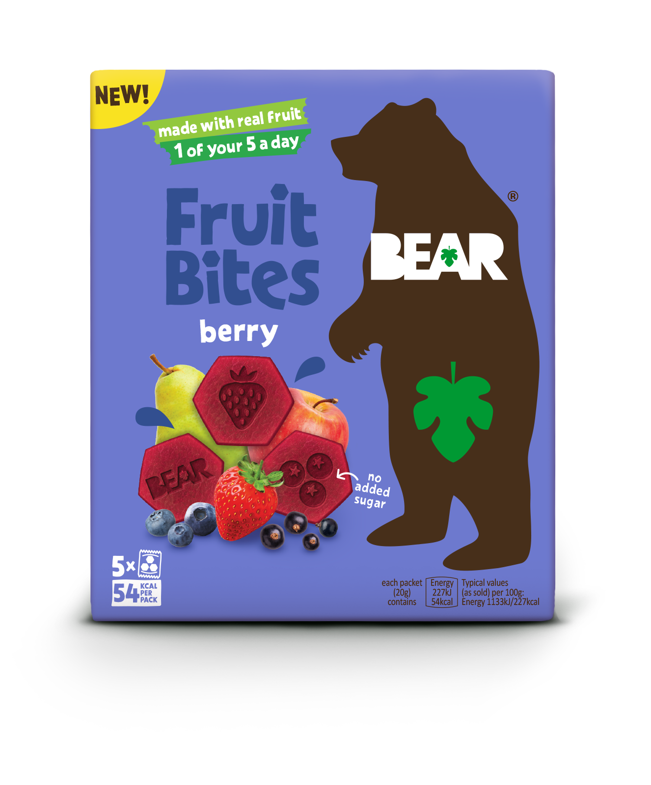 BEAR Fruit Bites Berry pack showing real fruit shapes and no added sugar