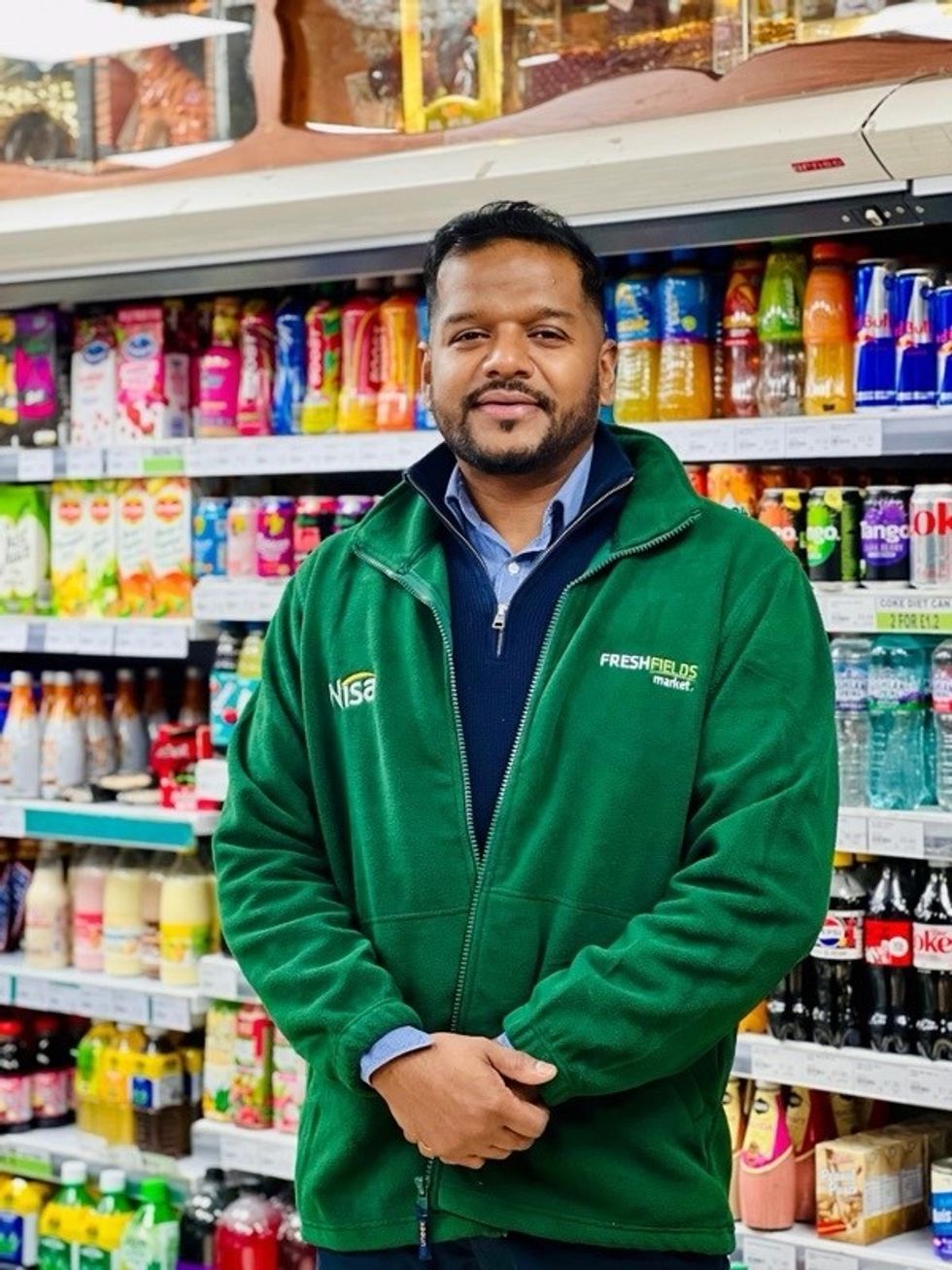 Benedict Selvaratnam at Nisa Local Croydon amid UK convenience store crime 2025