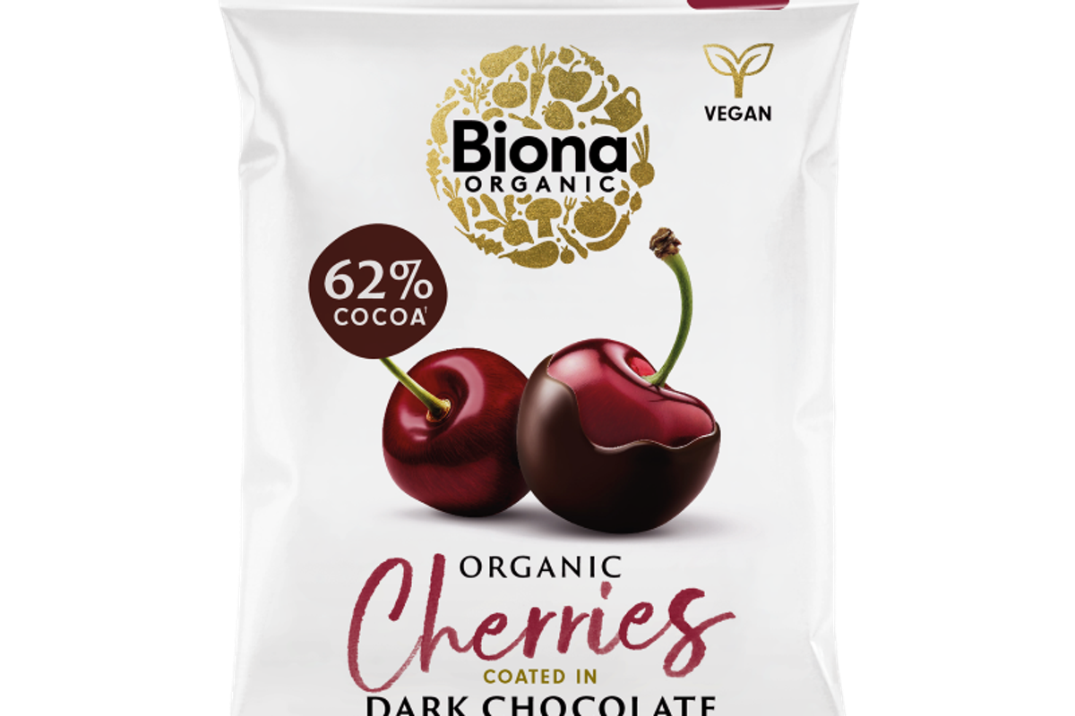 Biona Organic Dark Chocolate Covered Cherries with 62% cocoa, vegan, in paper packaging for a sustainable snack choice.