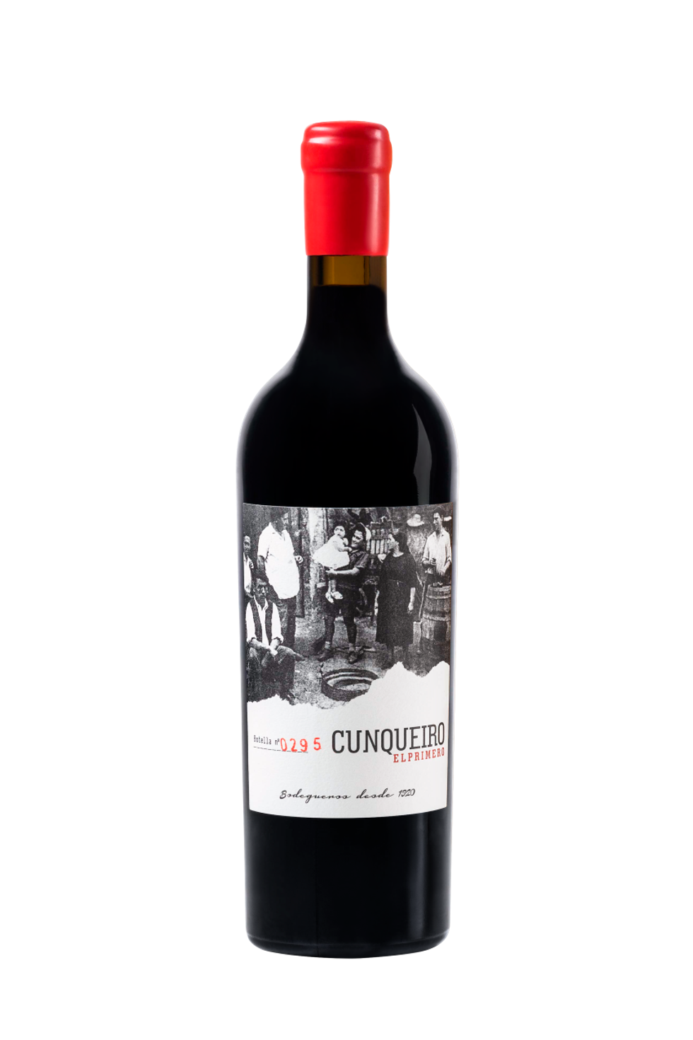 Bottle of Cunqueiro El Primero red wine with vintage-style label