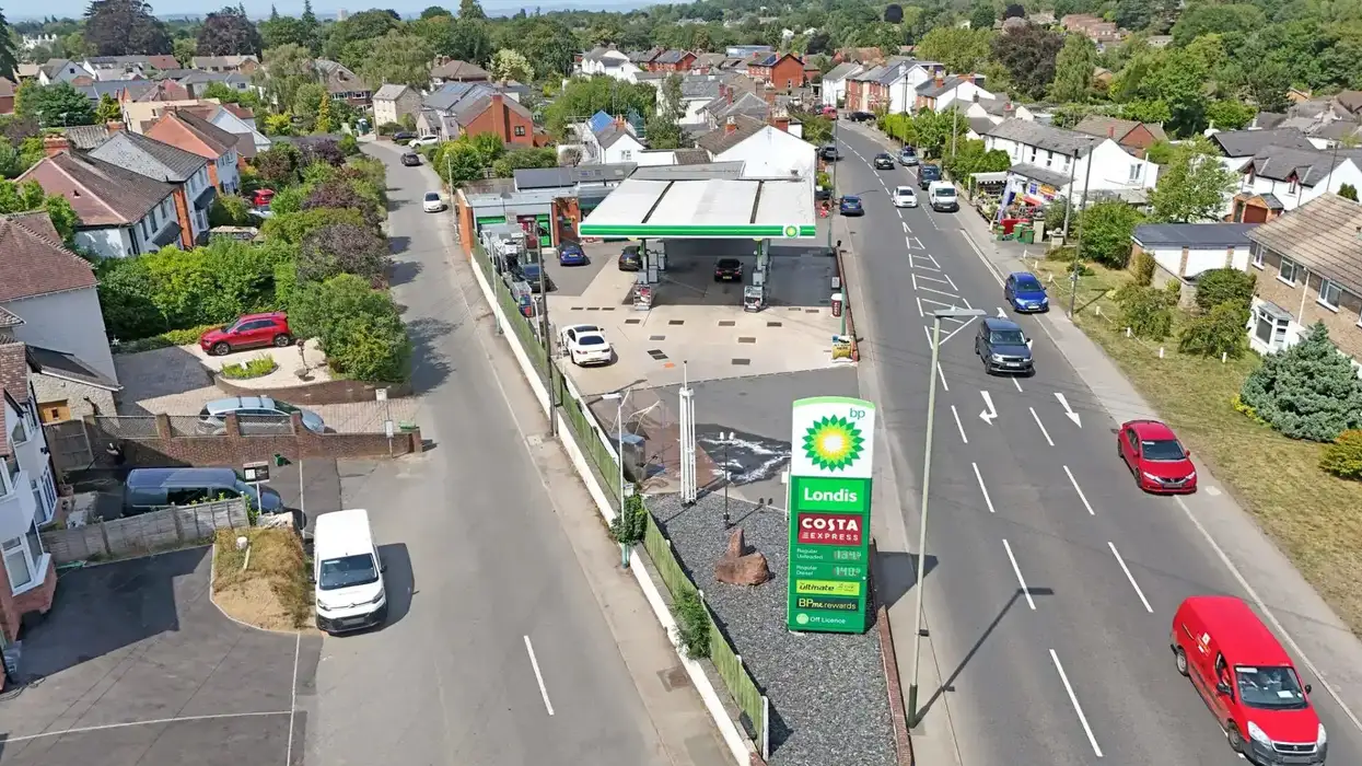 BP branded petrol filling station with Londis branded convenience store in Cheltenham