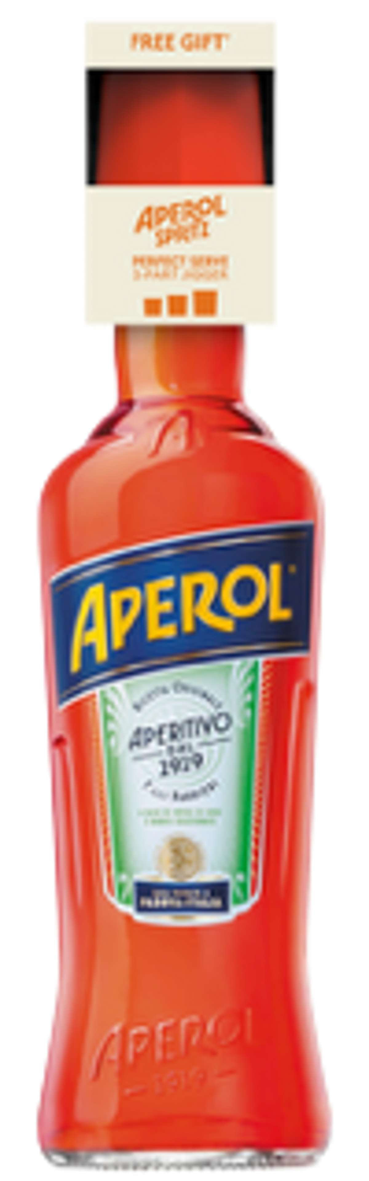 Branded Aperol Spritz jigger with measured cups for prosecco, Aperol, and soda water