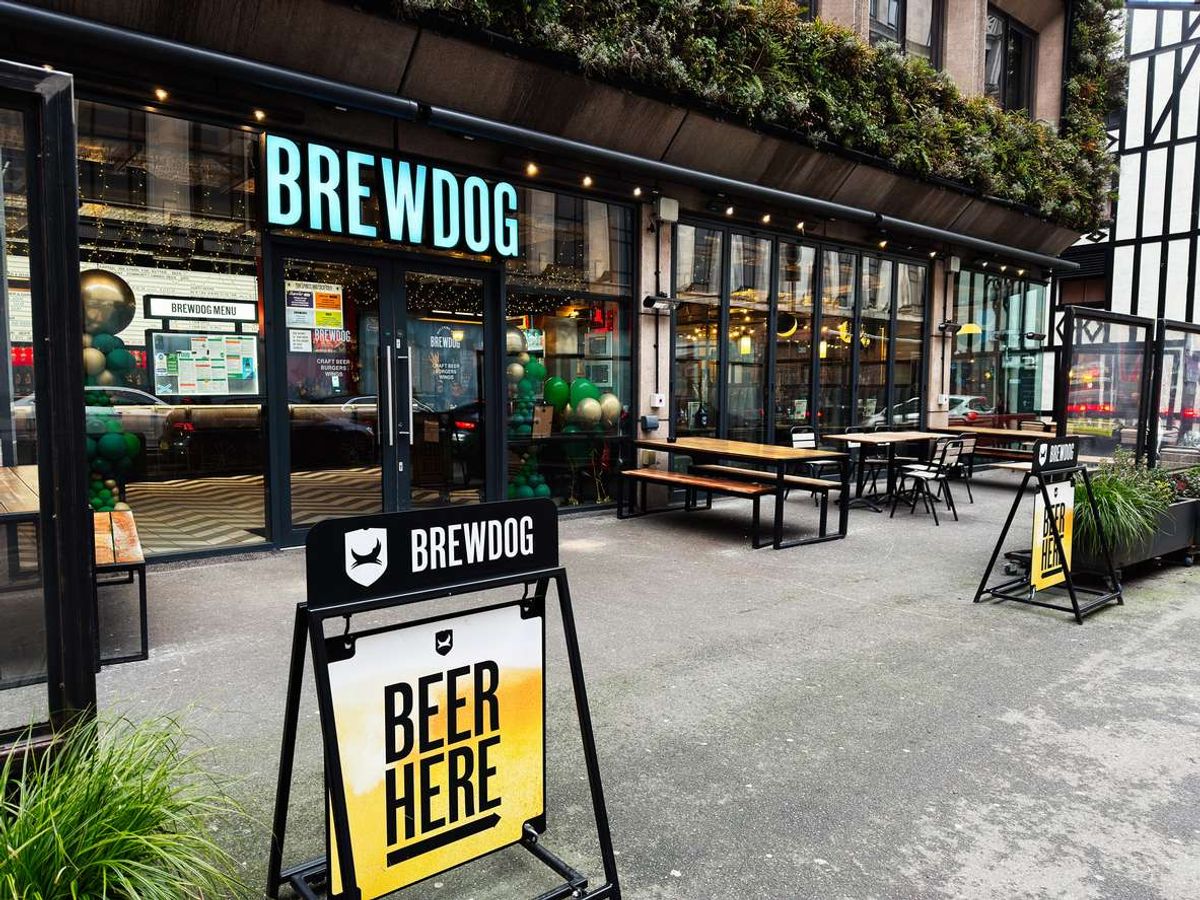 BrewDog bar exterior with outdoor seating in Manchester 