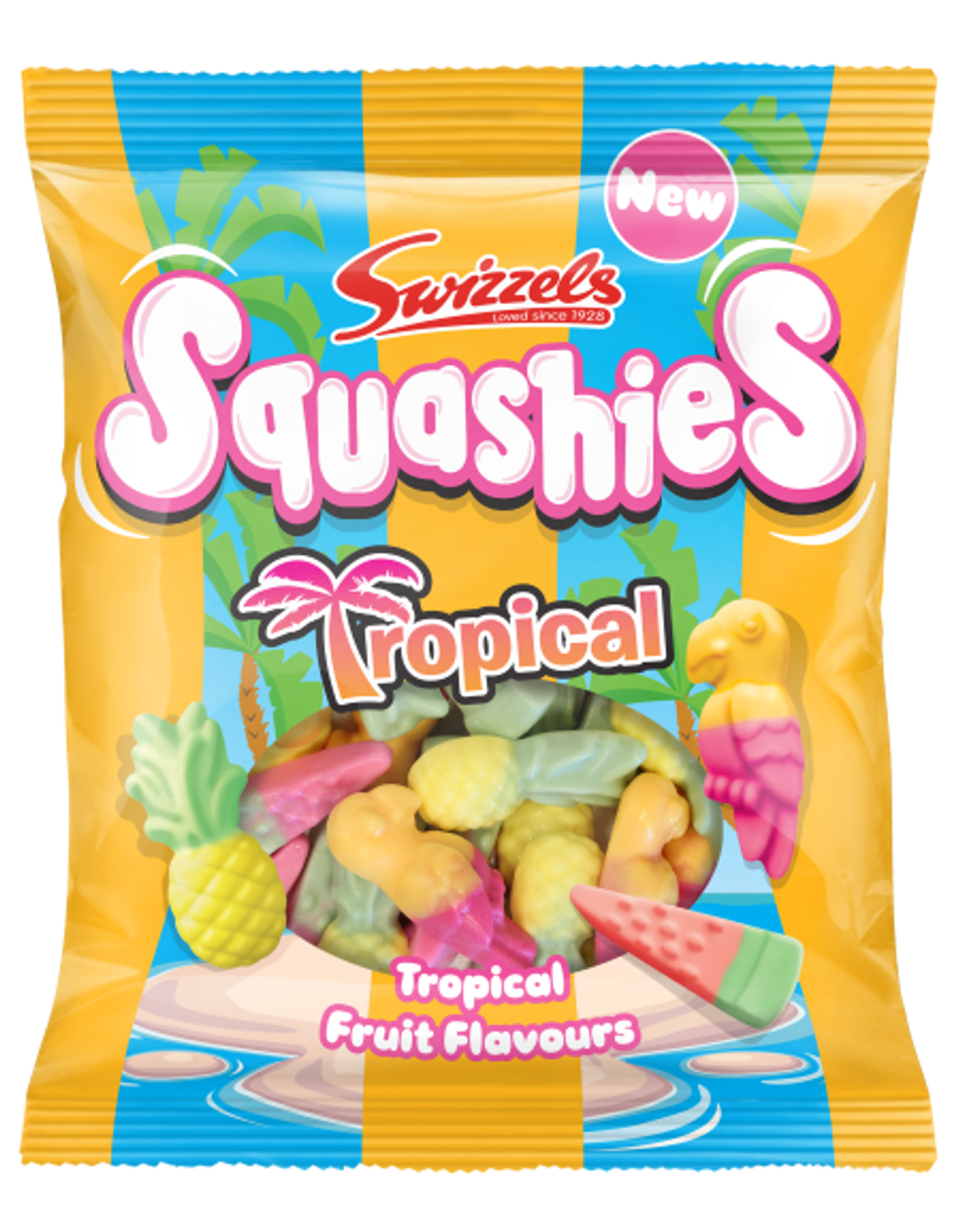 Brightly packaged Squashies Tropical and Sour Shooting Stars in fun fruity shapes
