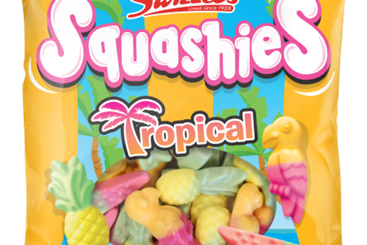 Brightly packaged Squashies Tropical and Sour Shooting Stars in fun fruity shapes