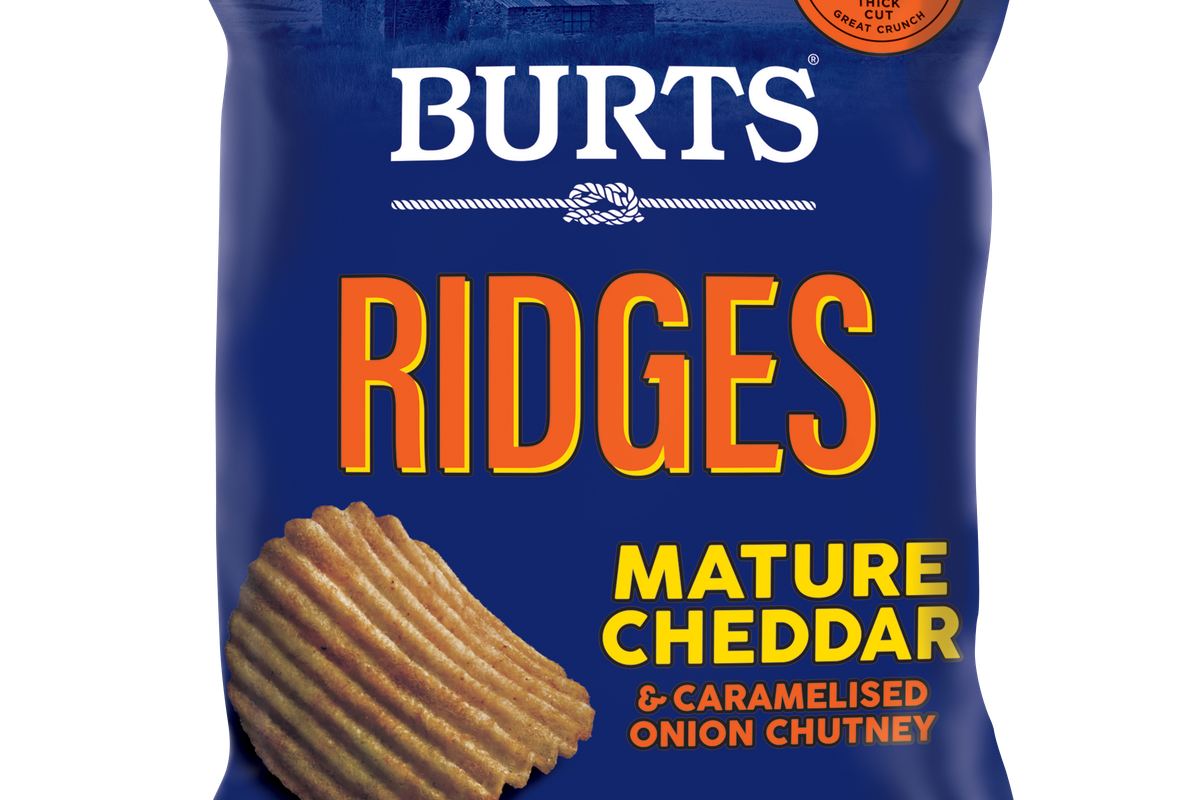 Burts Cheddar and Caramelised Onion Chutney ridges crisp pack with new design