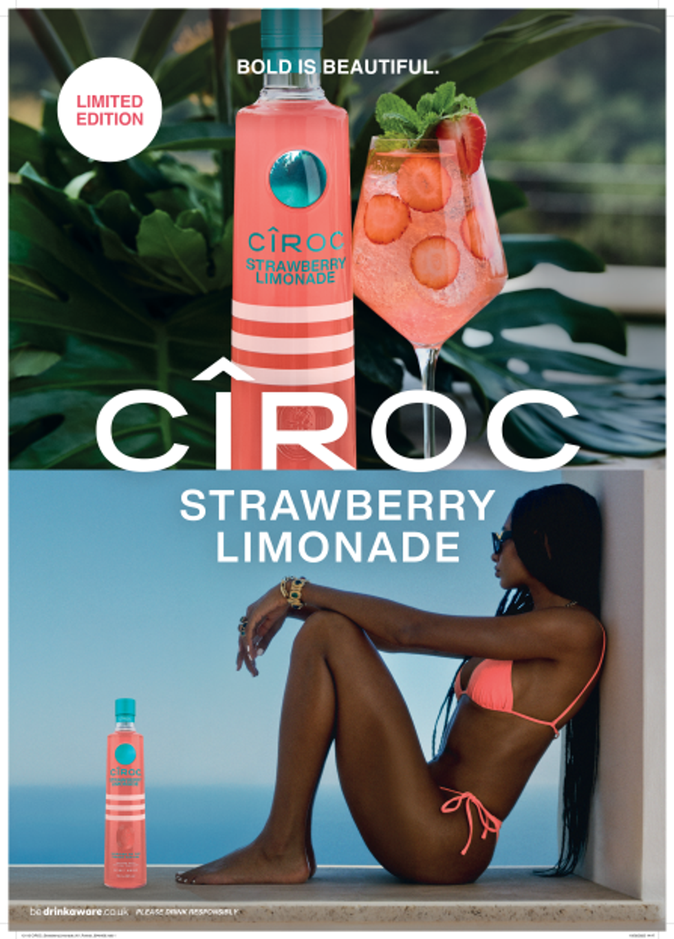 C\u00ceROC Strawberry Limonade bottle and cocktail with woman by the seaside