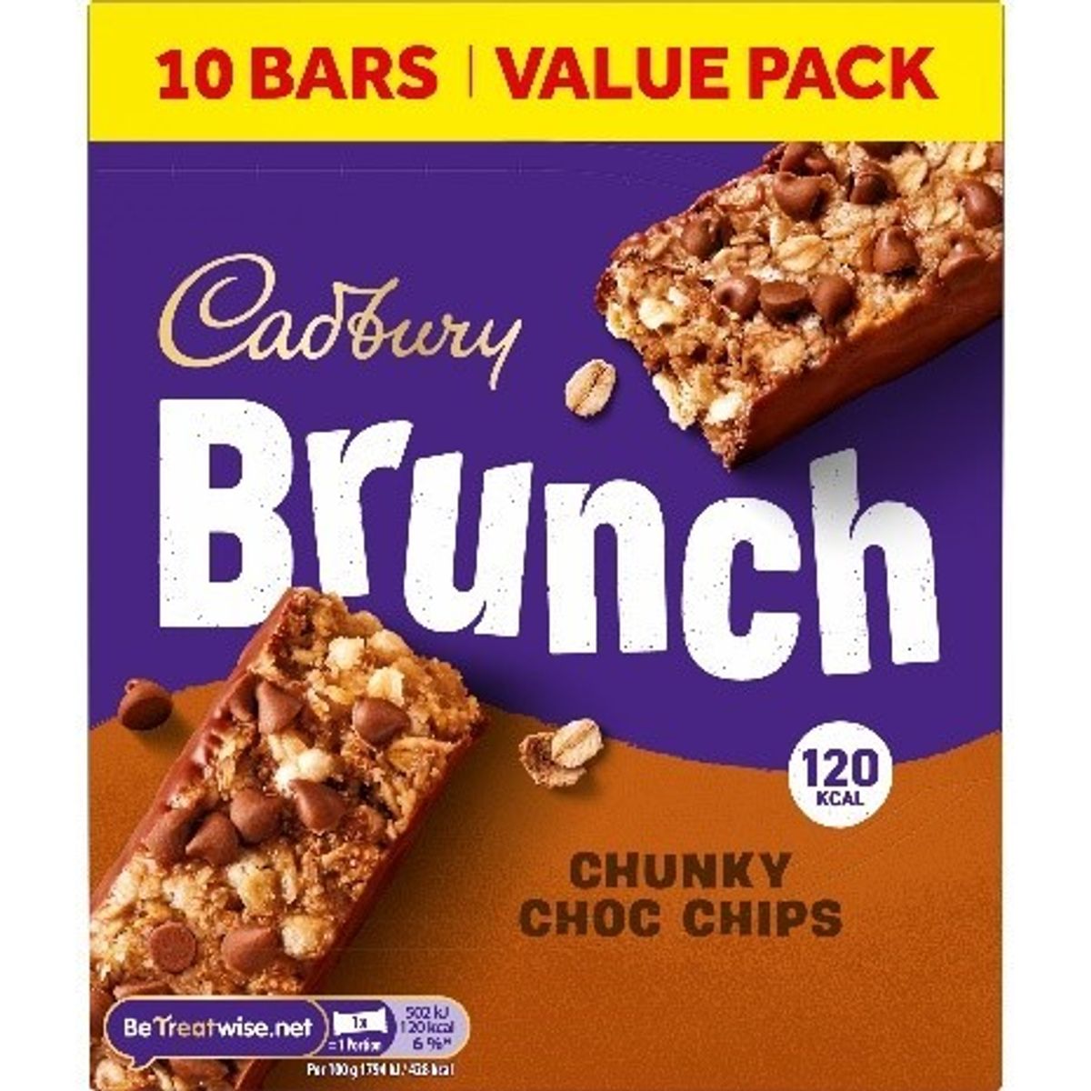 Cadbury Brunch Chunky Choc Chip 10-bar pack with bold purple packaging