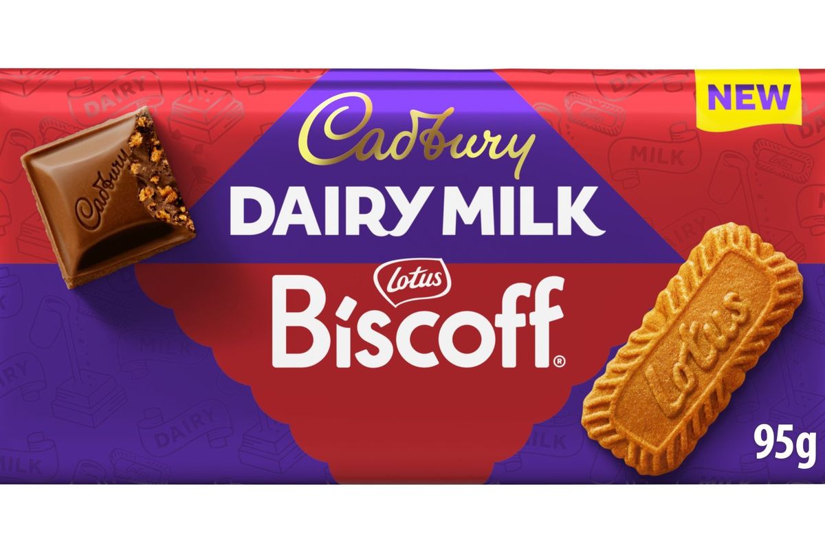 Cadbury Dairy Milk Biscoff chocolate bar with purple and red branding