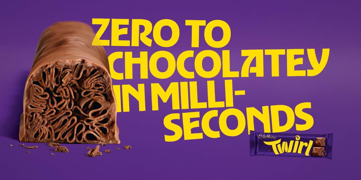 Cadbury Twirl digital ad showing "Zero to Chocolately in Milliseconds" slogan with melting chocolate swirls