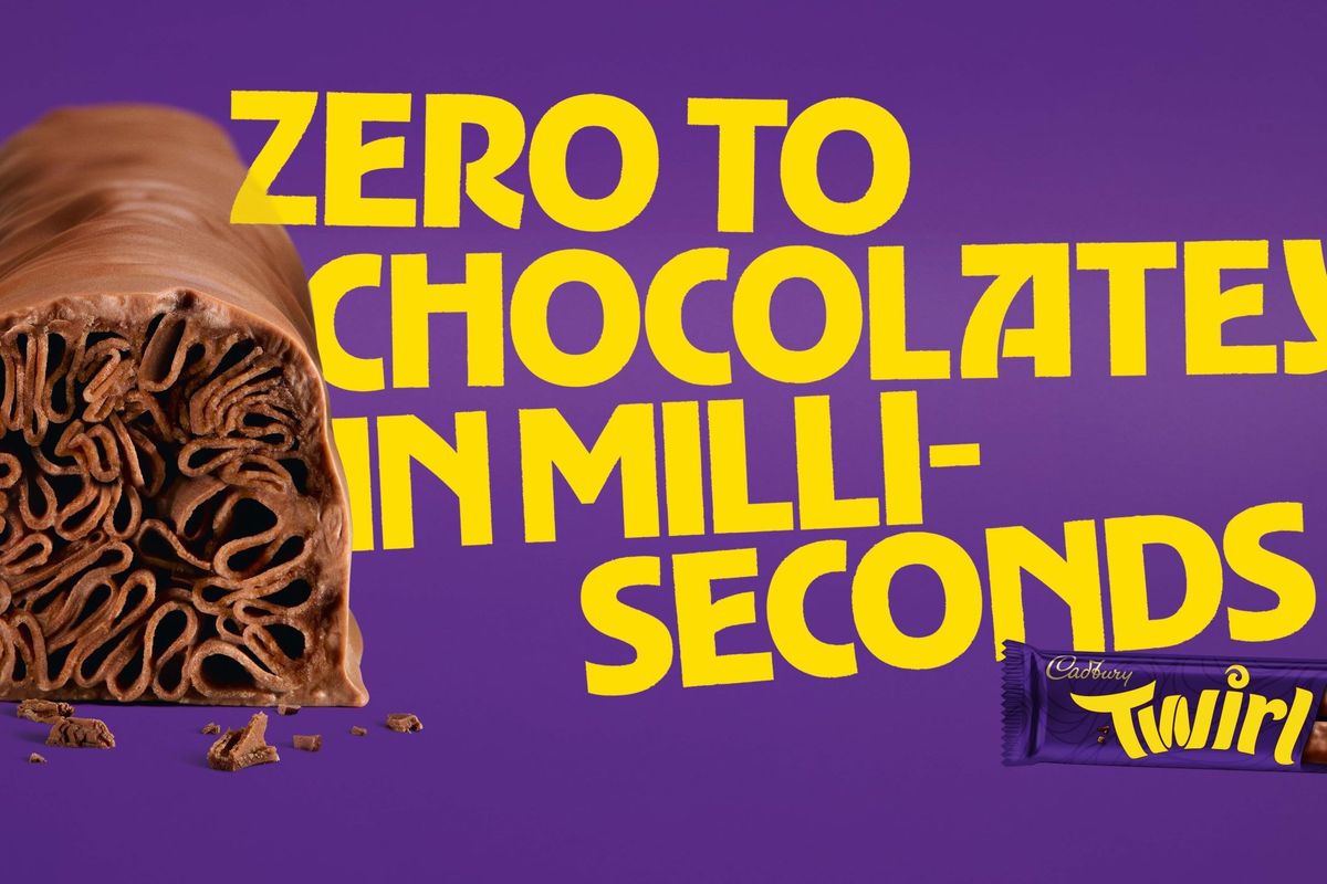 Cadbury Twirl digital ad showing "Zero to Chocolately in Milliseconds" slogan with melting chocolate swirls