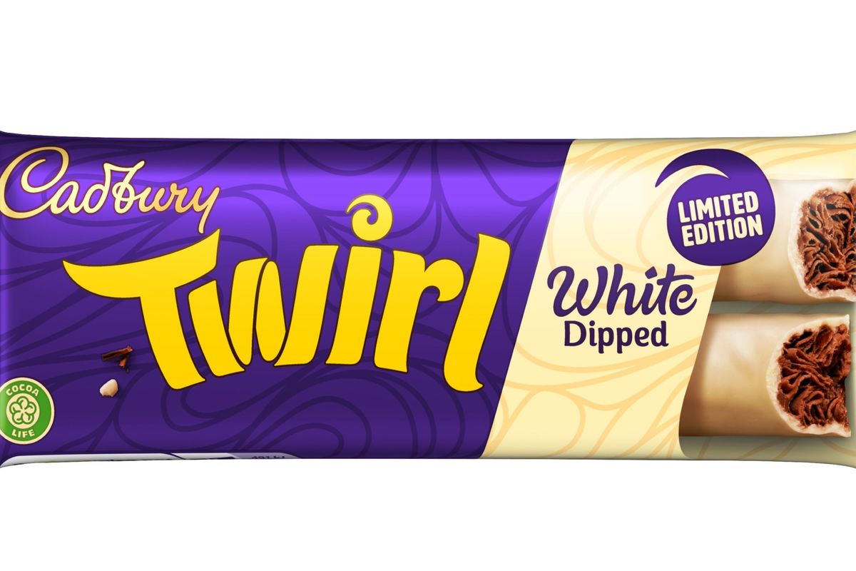 Cadbury Twirl White Dipped chocolate bar in white and milk swirls