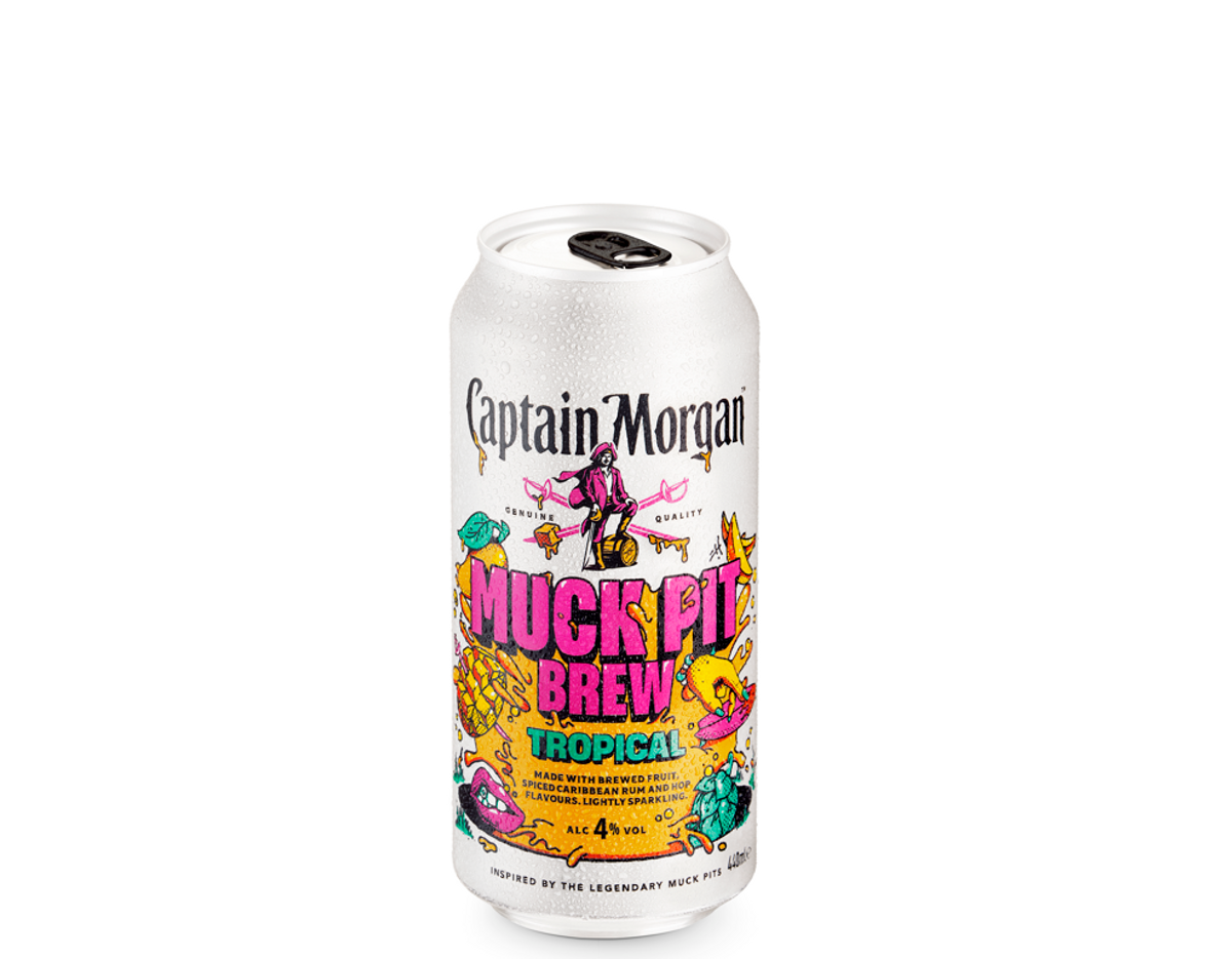 Captain Morgan Muck Pit Brew can with tropical visuals and mango-hop fusion flavours
