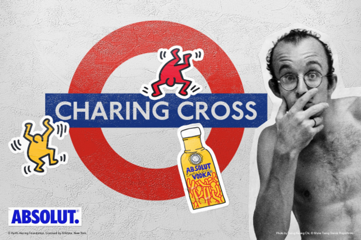 Charing Cross Tube station reimagined as “Haring Cross” with Absolut Vodka’s Keith Haring pop-up art