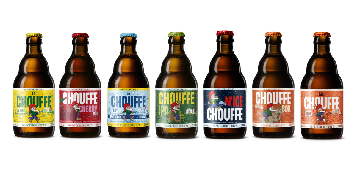 Chouffe beer bottles with new colourful design and iconic gnome mascot in UK retail display