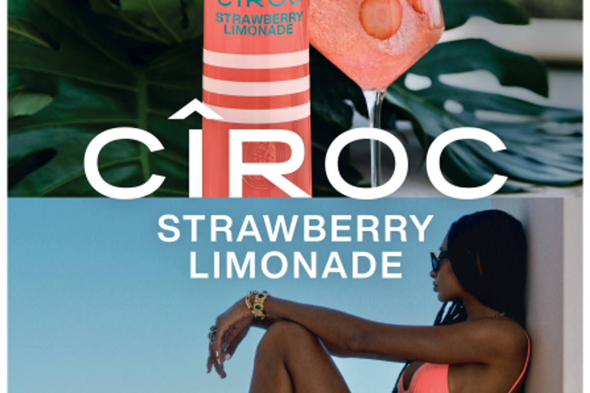 CÎROC Strawberry Limonade bottle and cocktail with woman by the seaside