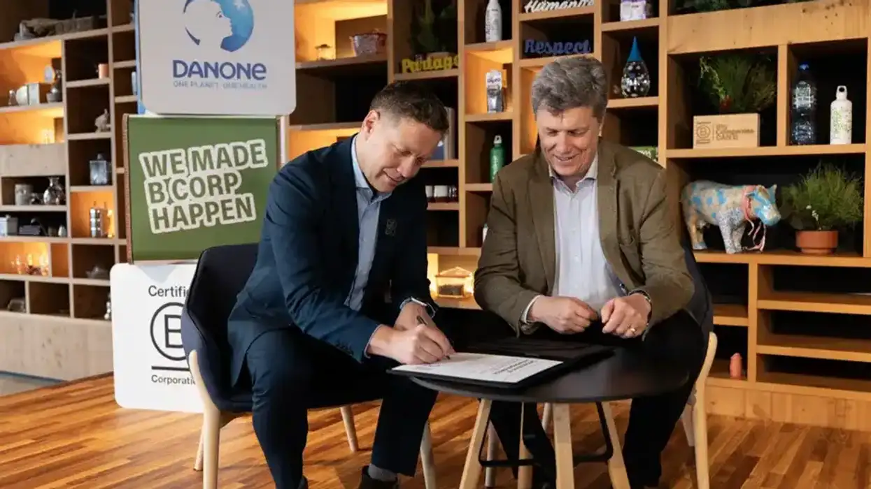 Clay Brown, co-lead executive at B Lab (L) and Antoine de Saint-Affrique, CEO of Danone