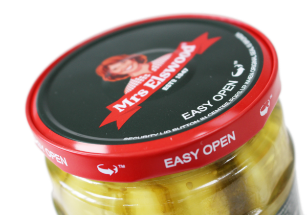 Close up of Mrs Elswood jar with new easy-open lid for accessible use
