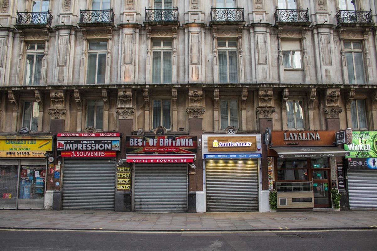 Closed stores on empty street in London