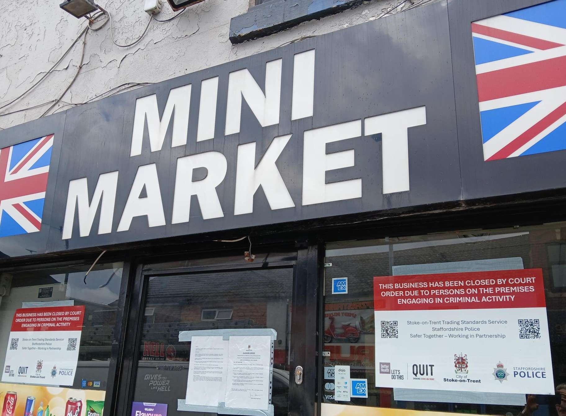 Closure order in front of UK Mini Market in Hanley