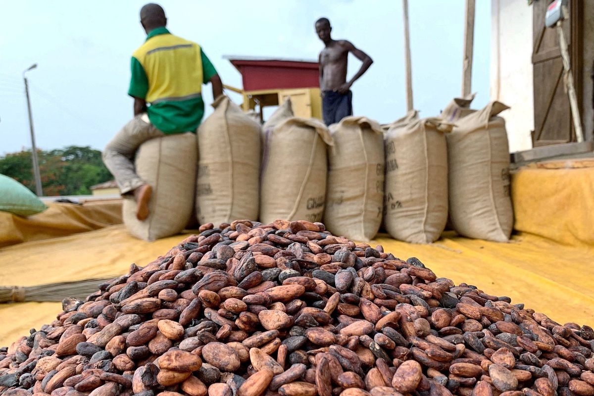 Cocoa beans are pictured next to a warehouse at the village of Atroni, near Sunyani, Ghana