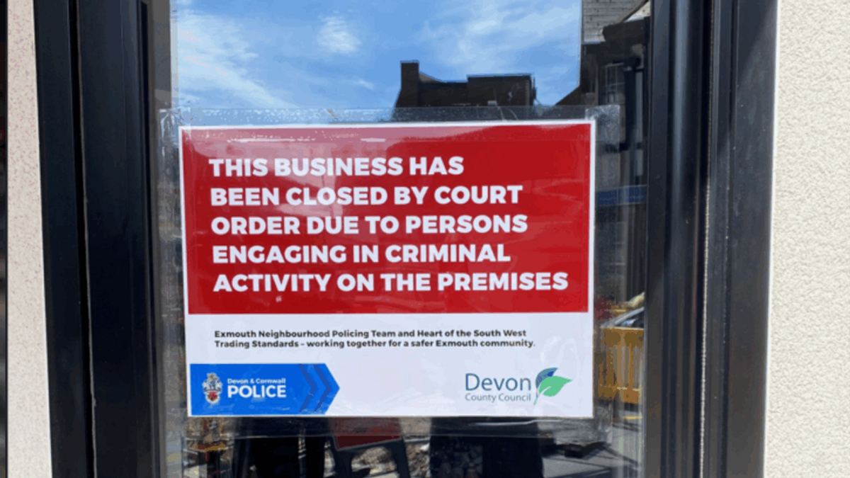 Court order notice on Exmouth shop closed for illegal tobacco and criminal activity