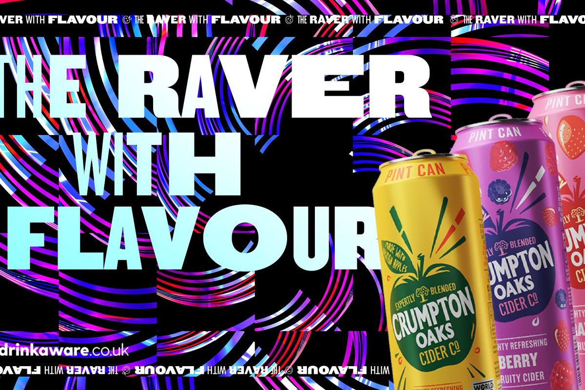 Crumpton Oaks cider cans in 90s theme for Happy Applecore summer campaign by Aston Manor