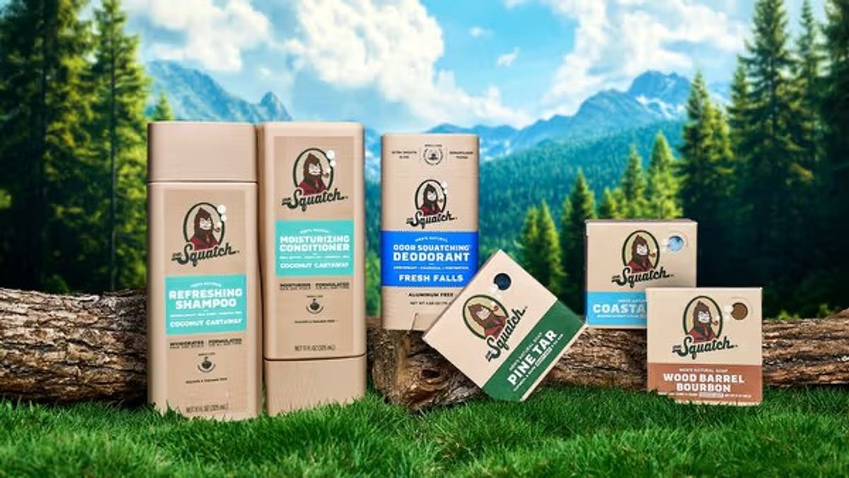 Dr. Squatch men’s grooming range with natural soaps, shampoo, conditioner, and deodorant