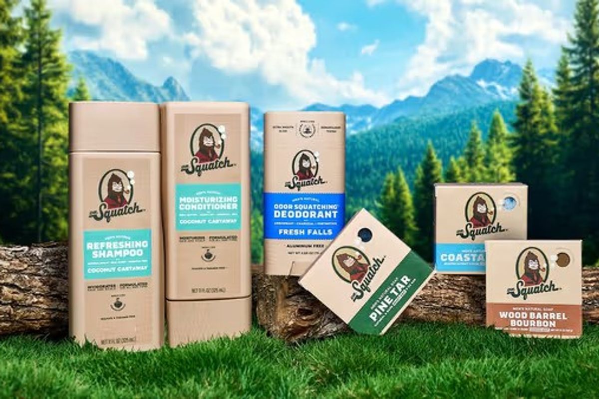 Dr. Squatch men’s grooming range with natural soaps, shampoo, conditioner, and deodorant