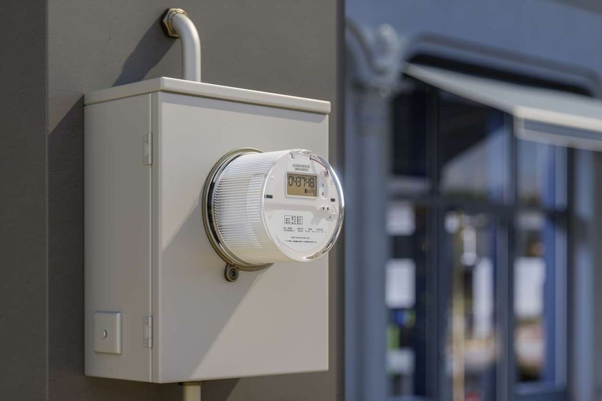 Electric Meter On Building Facade With Blurred Store Window